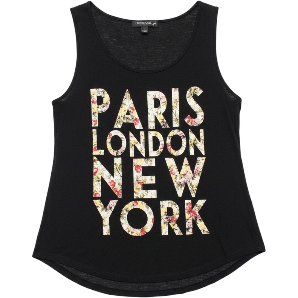 Living Doll Paris London New York Floral Graphic Tank Top Black Small